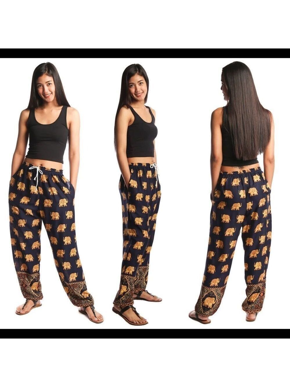 BOHOTUSK Royal Elephant Print Harem Pants Elasticated Smocked Waist Sz S/M